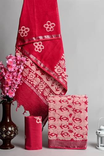 Pink bagru hand block printed linen suits with zari border
