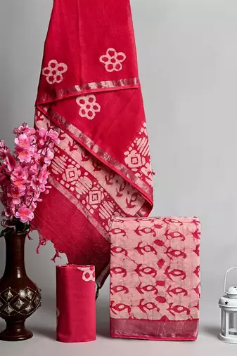 Pink bagru hand block printed linen suits with zari border