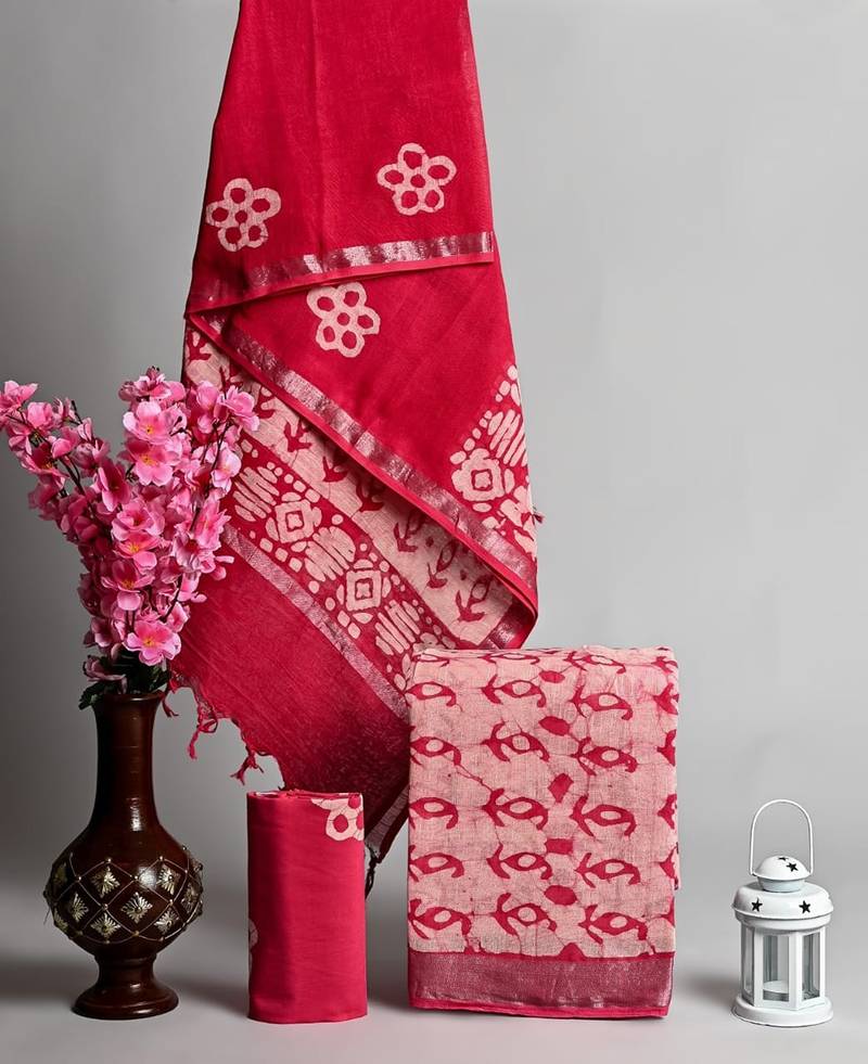 Pink bagru hand block printed linen suits with zari border