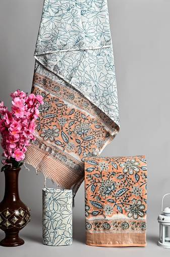 Sky blue bagru hand block printed linen suits with zari border