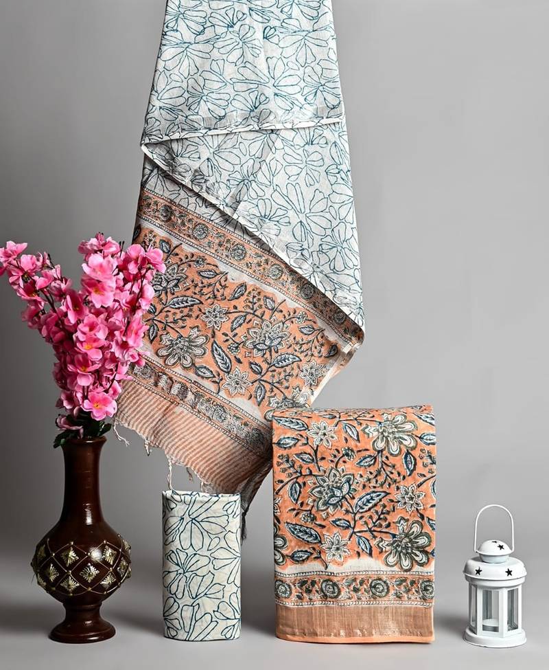 Sky blue bagru hand block printed linen suits with zari border