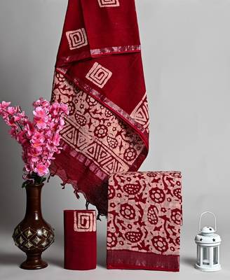 Red bagru hand block printed linen suits with zari border 1