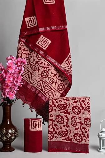 Red bagru hand block printed linen suits with zari border
