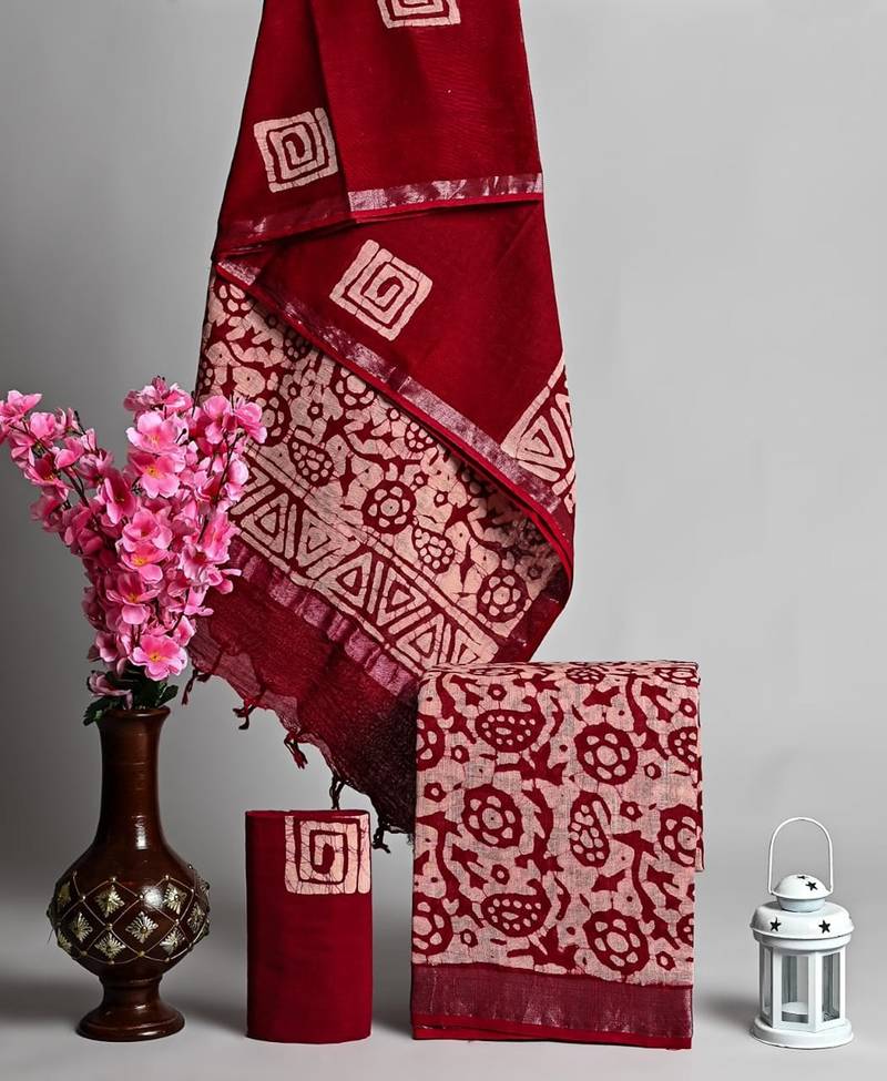 Red bagru hand block printed linen suits with zari border