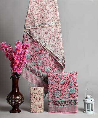 Pink bagru hand block printed linen suits with zari border 1