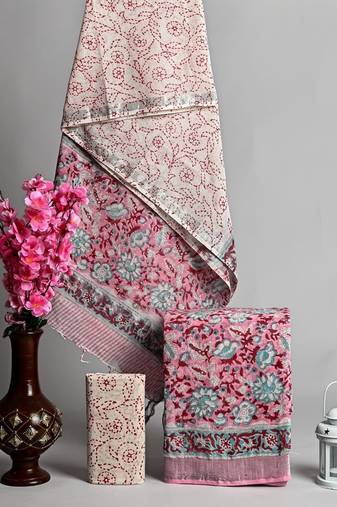 Pink bagru hand block printed linen suits with zari border