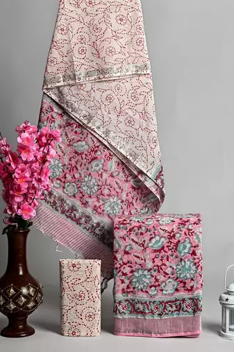 Pink bagru hand block printed linen suits with zari border