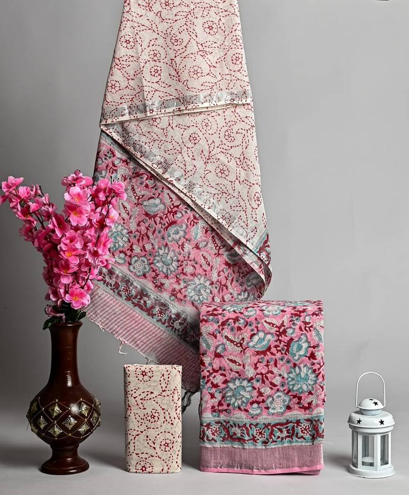 Pink bagru hand block printed linen suits with zari border