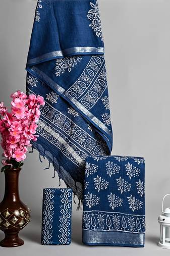 Blue bagru hand block printed linen suits with zari border