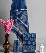 Blue bagru hand block printed linen suits with zari border