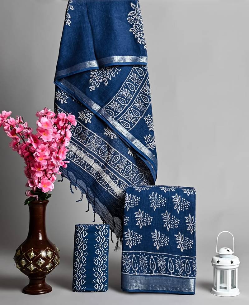 Blue bagru hand block printed linen suits with zari border