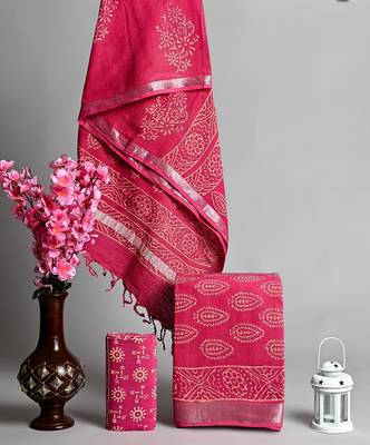 Pink bagru hand block printed linen suits with zari border 1