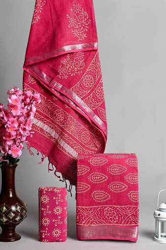 Pink bagru hand block printed linen suits with zari border