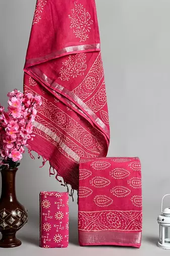 Pink bagru hand block printed linen suits with zari border