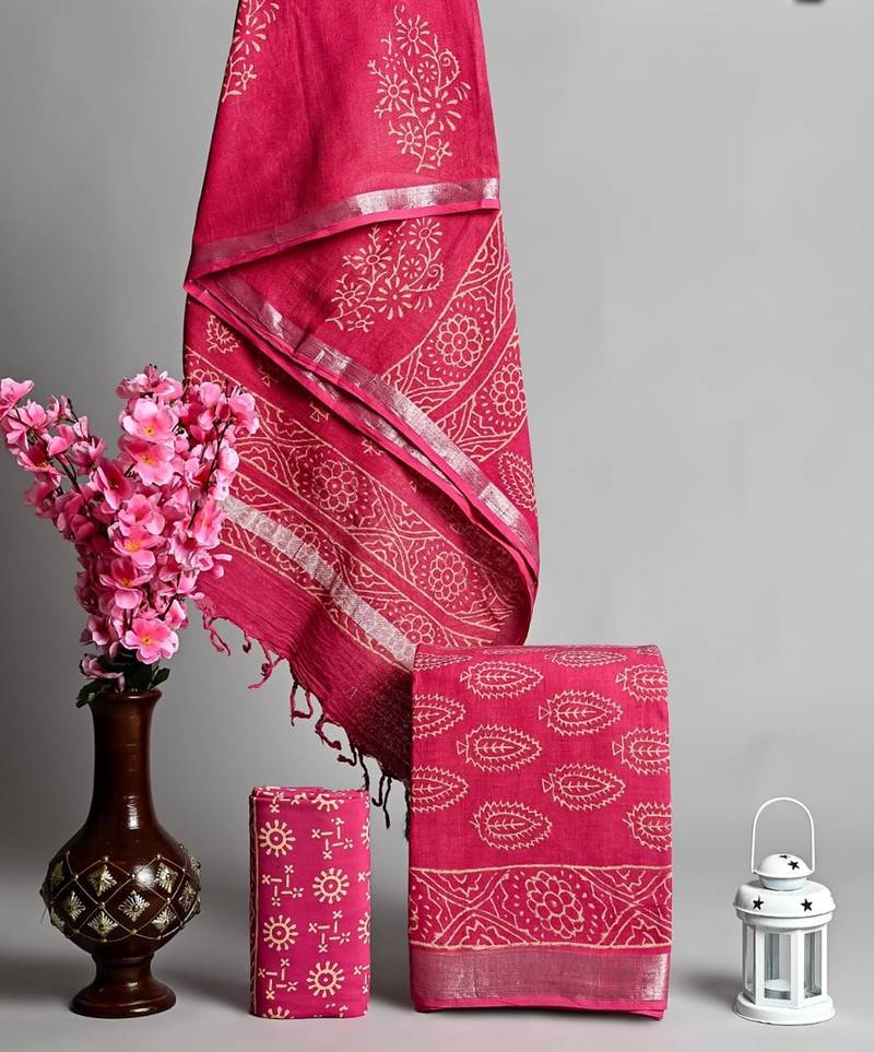Pink bagru hand block printed linen suits with zari border