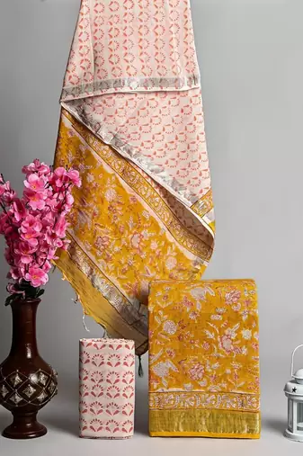 Yellow bagru hand block printed linen suits with zari border