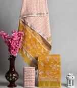 Yellow bagru hand block printed linen suits with zari border