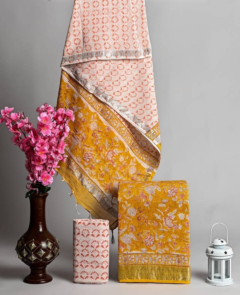Yellow bagru hand block printed linen suits with zari border