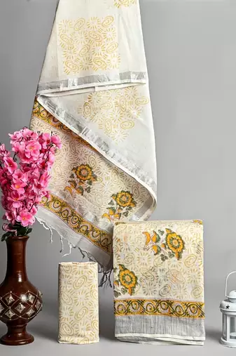 Cream bagru hand block printed linen suits with zari border