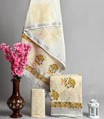 Cream bagru hand block printed linen suits with zari border