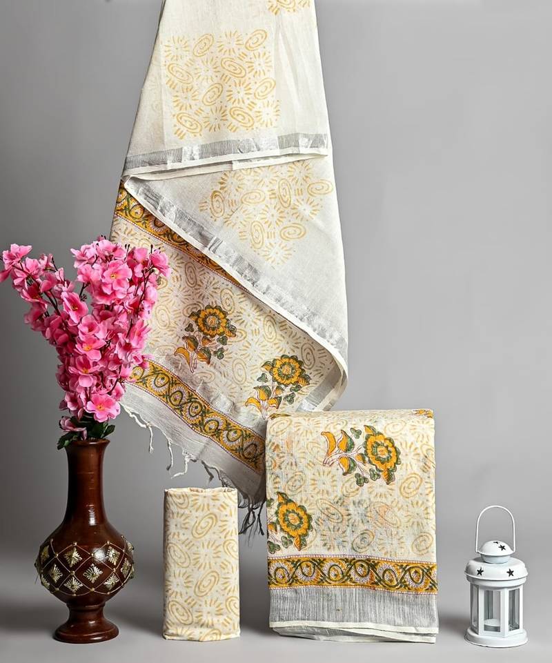 Cream bagru hand block printed linen suits with zari border