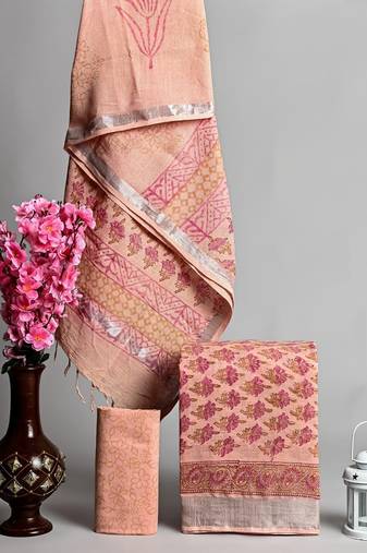 Orange bagru hand block printed linen suits with zari border