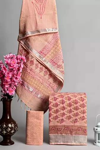 Orange bagru hand block printed linen suits with zari border