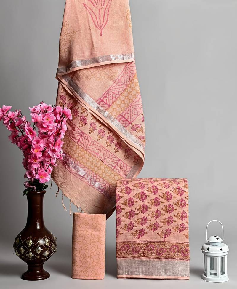 Orange bagru hand block printed linen suits with zari border