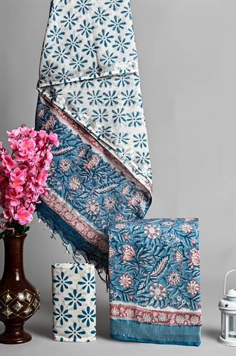 Blue bagru hand block printed linen suits with zari border