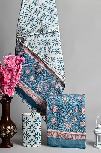 Blue bagru hand block printed linen suits with zari border