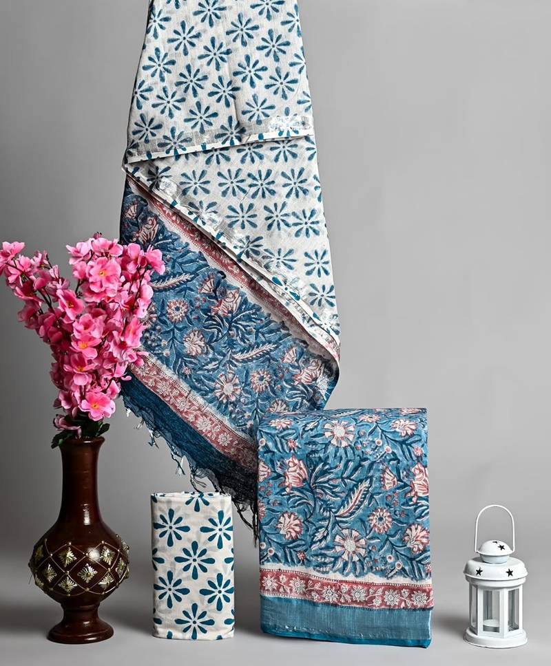 Blue bagru hand block printed linen suits with zari border