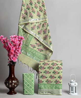 Green bagru hand block printed linen suits with zari border 1