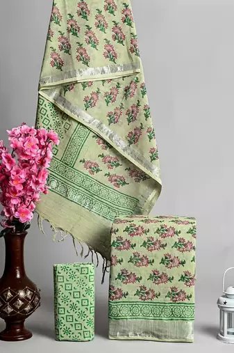 Green bagru hand block printed linen suits with zari border