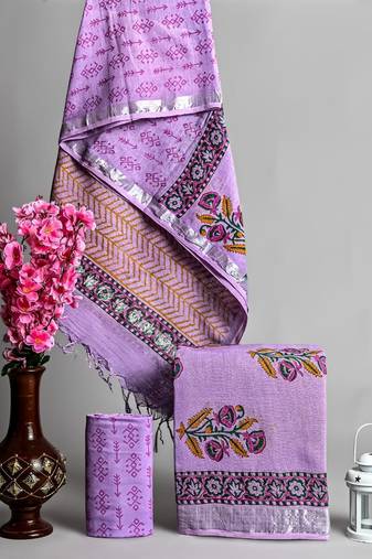 Purple bagru hand block printed linen suits with zari border