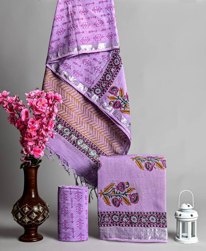 Purple bagru hand block printed linen suits with zari border