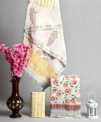 Off white bagru hand block printed linen suits with zari border 1