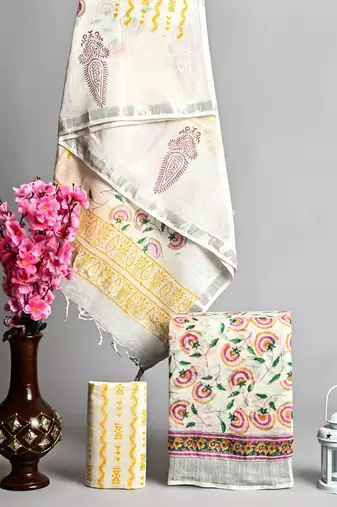 Off white bagru hand block printed linen suits with zari border