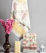 Off white bagru hand block printed linen suits with zari border