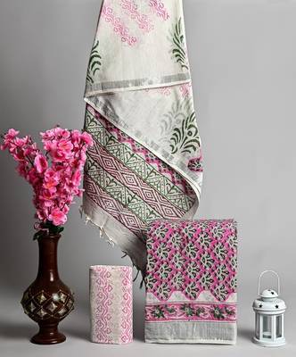 Green bagru hand block printed linen suits with zari border 1