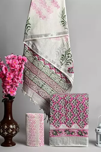 Green bagru hand block printed linen suits with zari border