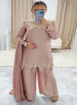 Peach embroidery crep fully stitched farshi salwar suit set 1