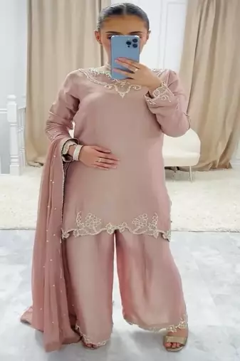 Peach embroidery crep fully stitched farshi salwar suit set