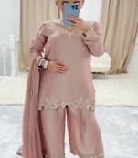 Peach embroidery crep fully stitched farshi salwar suit set