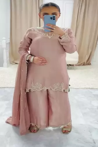 Peach embroidery crep fully stitched farshi salwar suit set