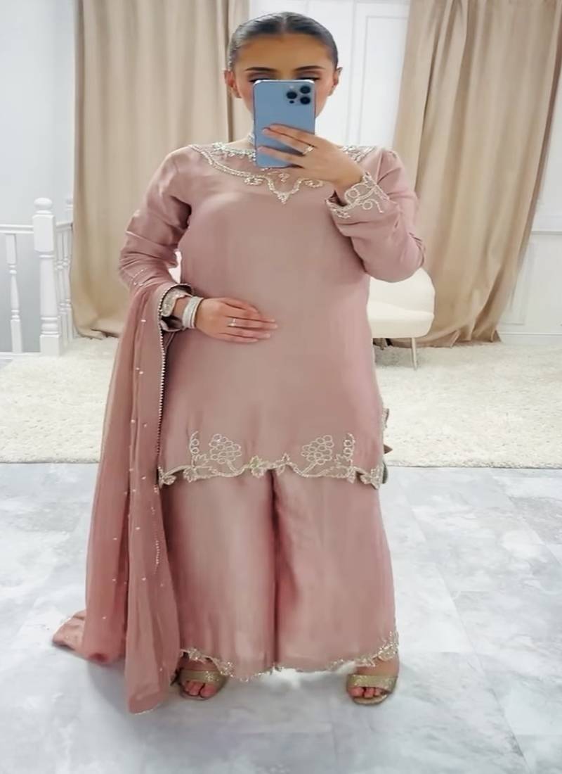 Peach embroidery crep fully stitched farshi salwar suit set