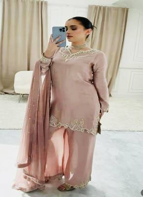Peach embroidery crep fully stitched farshi salwar suit set 3