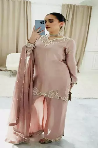 Peach embroidery crep fully stitched farshi salwar suit set