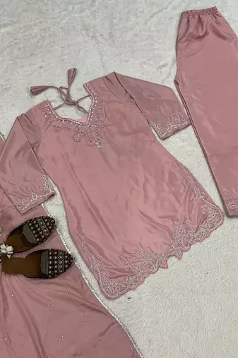 Peach embroidery crep fully stitched farshi salwar suit set