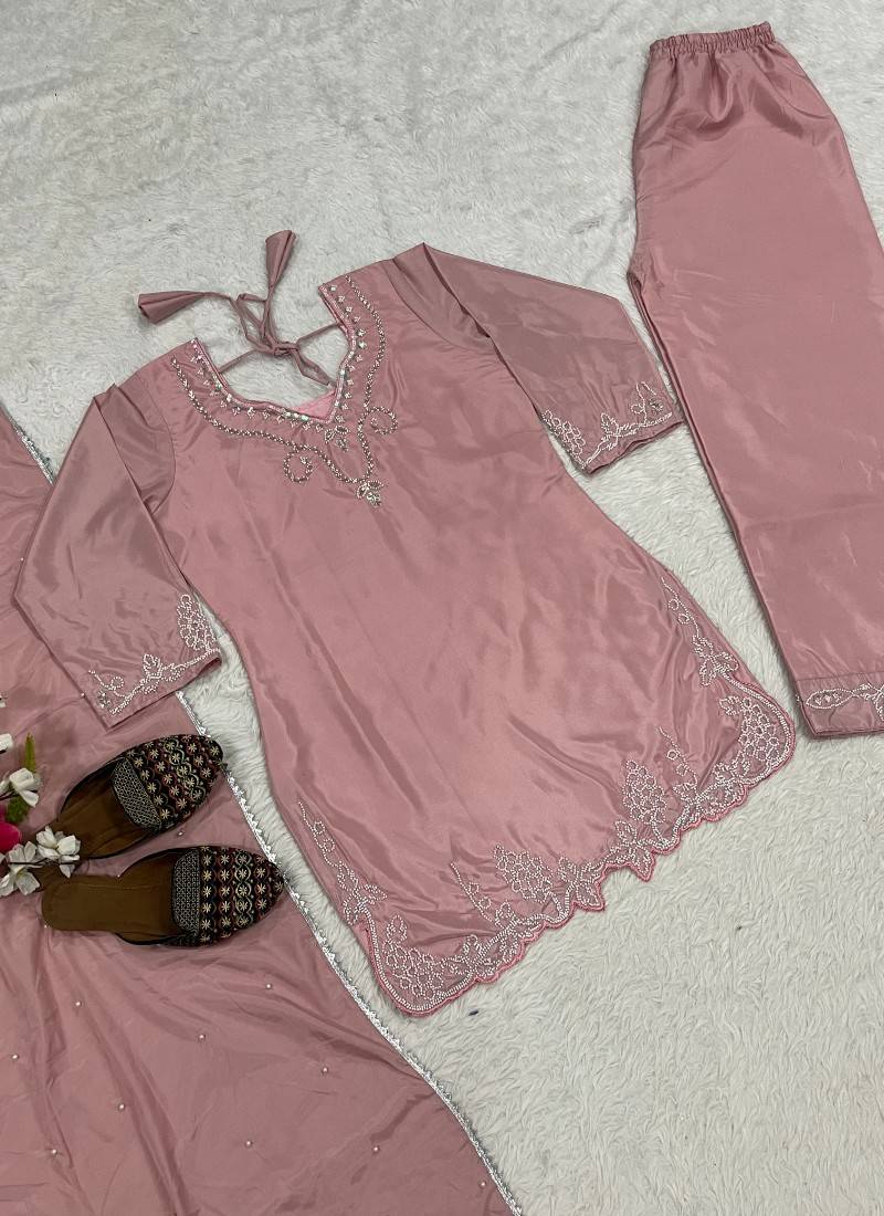 Peach embroidery crep fully stitched farshi salwar suit set