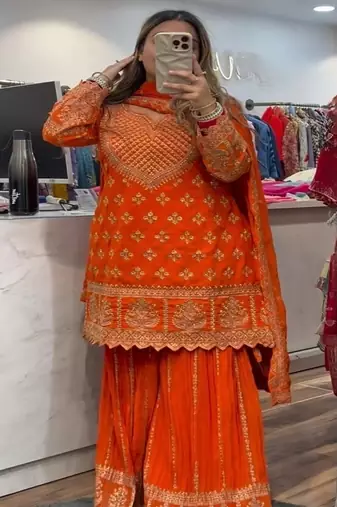 Orange embroidery chinnon silk fully stitched sarara palazzo suit set